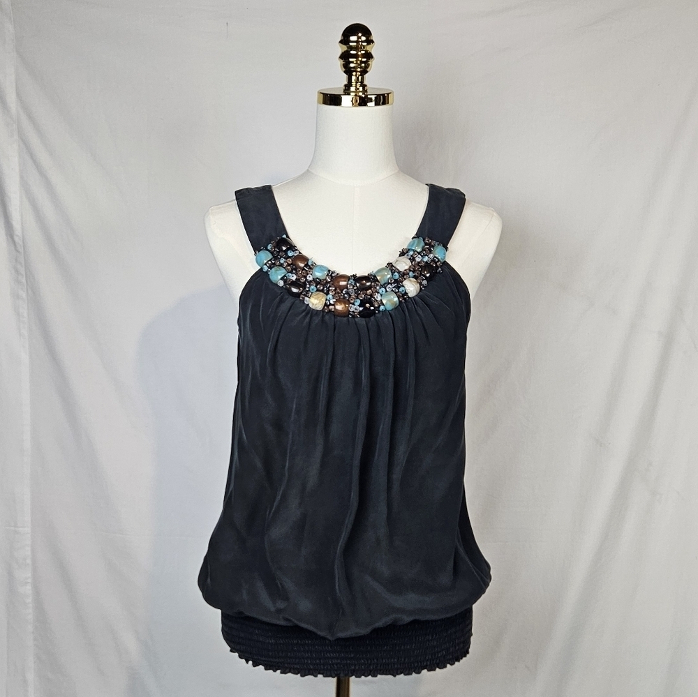 Karen Kane Womens Silk Beaded Sleeveless Tank Top Black Sz M‎ Boho Cottagecore